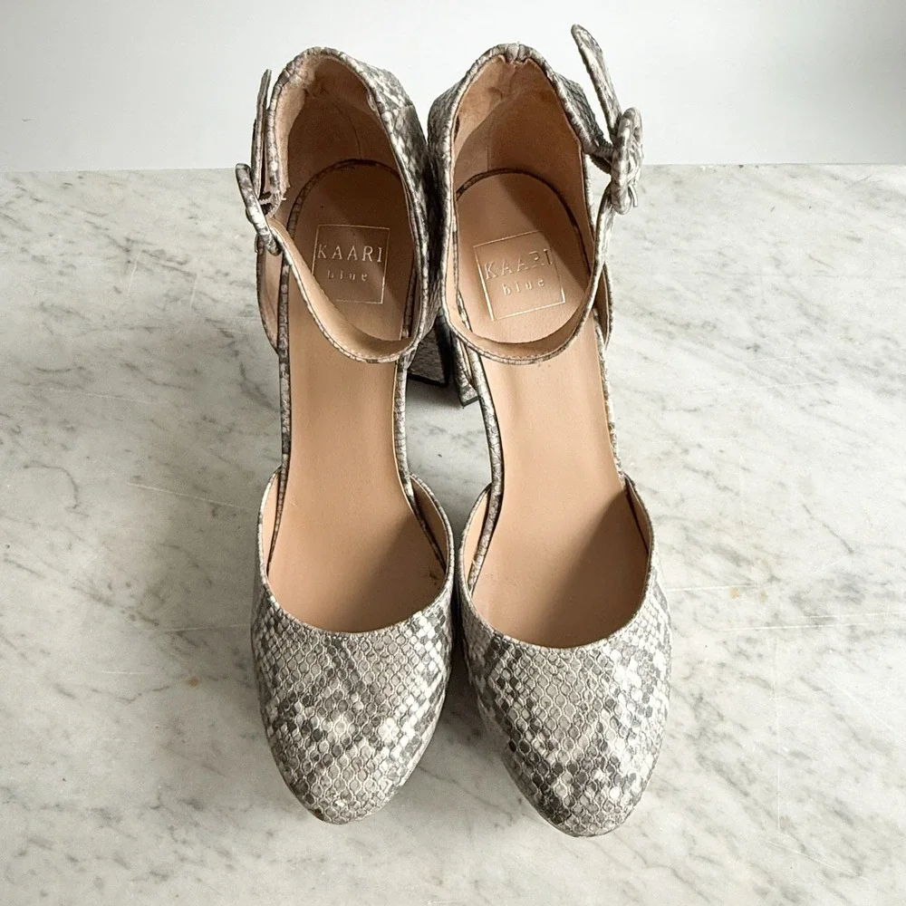 Kaari Blue Riley gray snakeskin platform ankle‎ strap shoes size 9.5